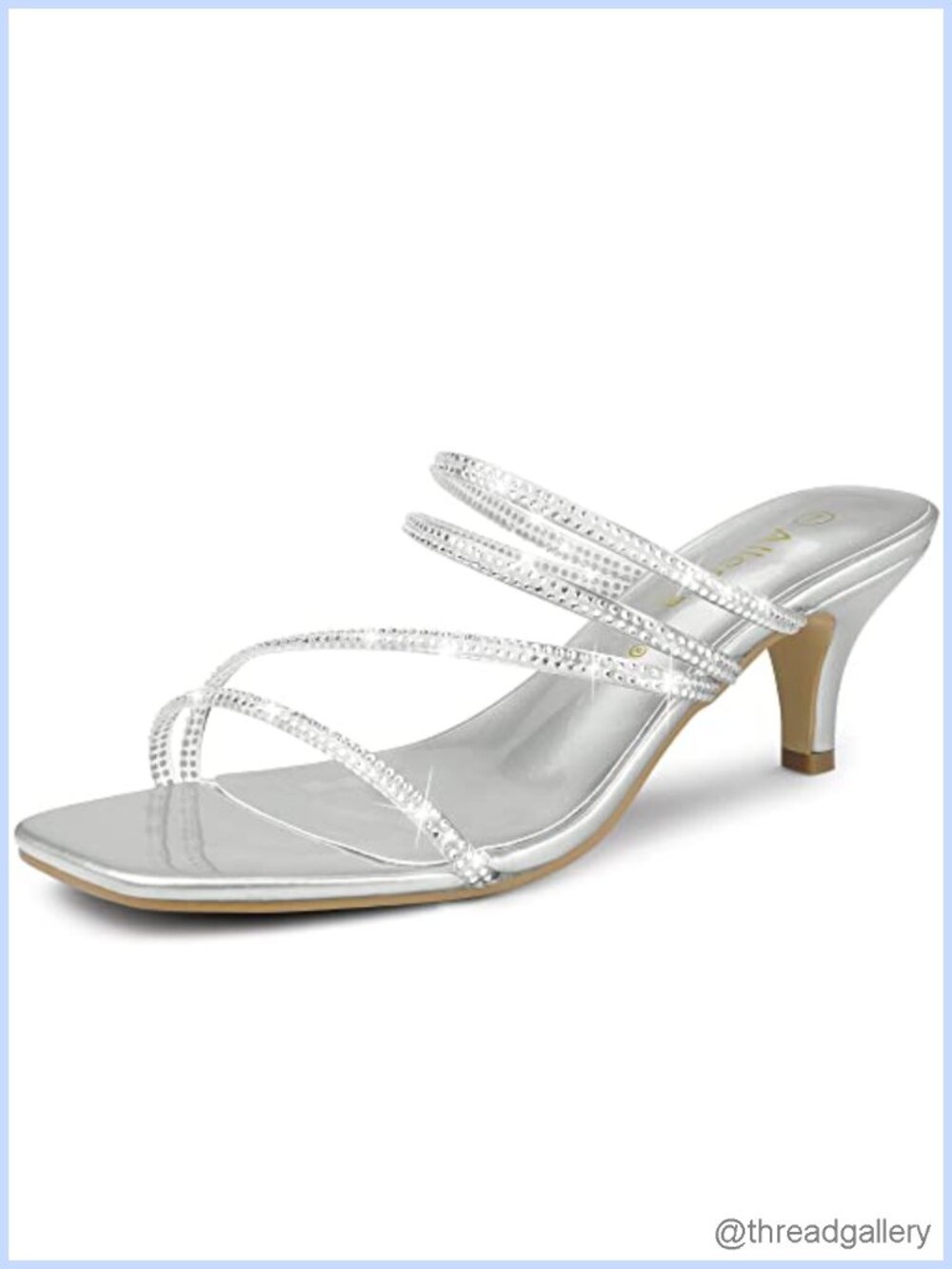Rhinestone Strappy Kitten Heel Slide Sandals Square Toe Slip On Heels